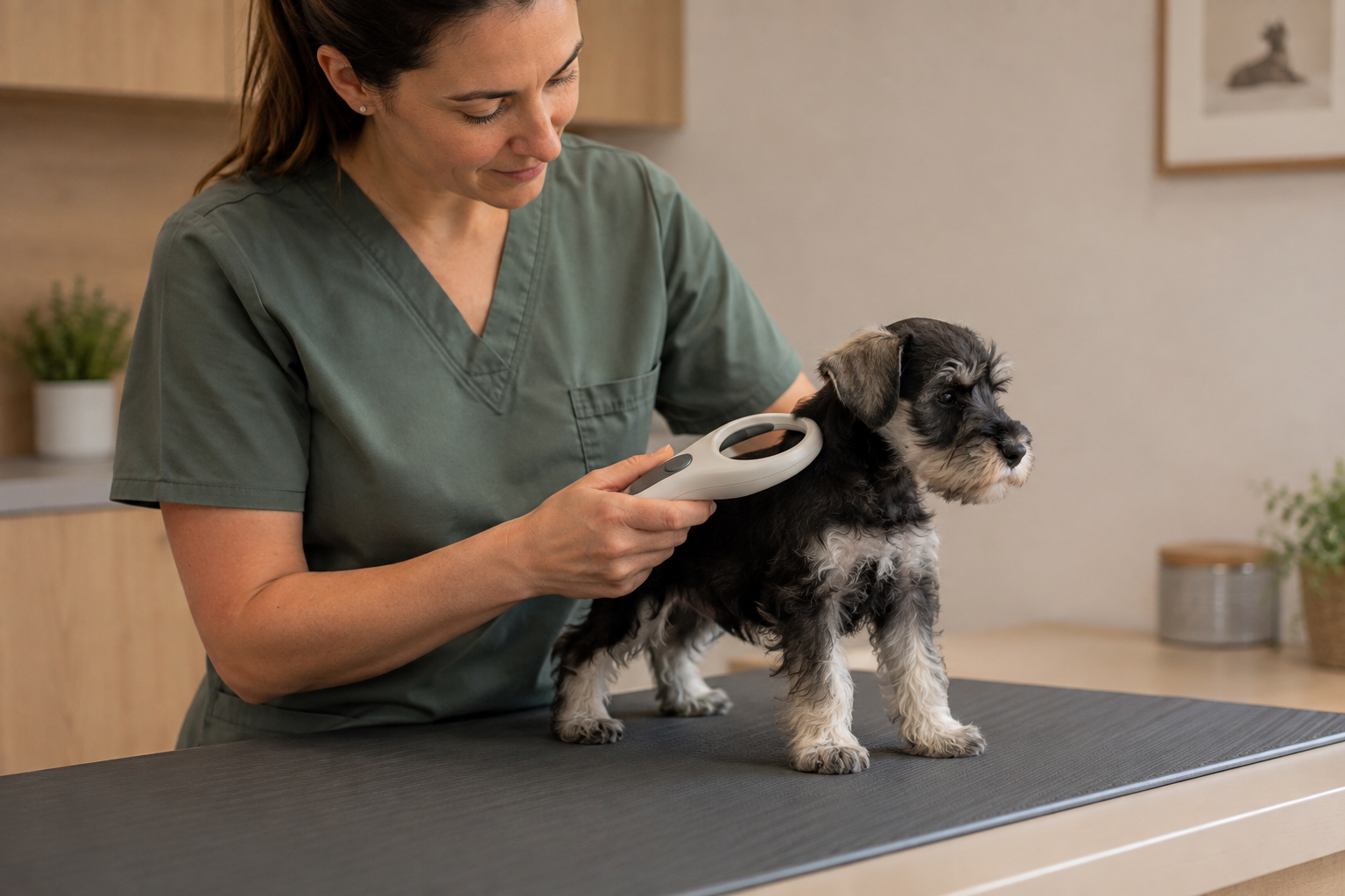 Veterinářka ověřuje mikročip štěněte před zápisem do plemenné knihy